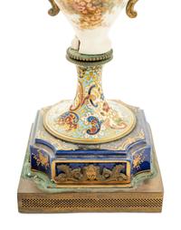 A Sèvres Style Gilt Bronze Mounted Porcelain and Champlevé Urn Mounted as a Lamp