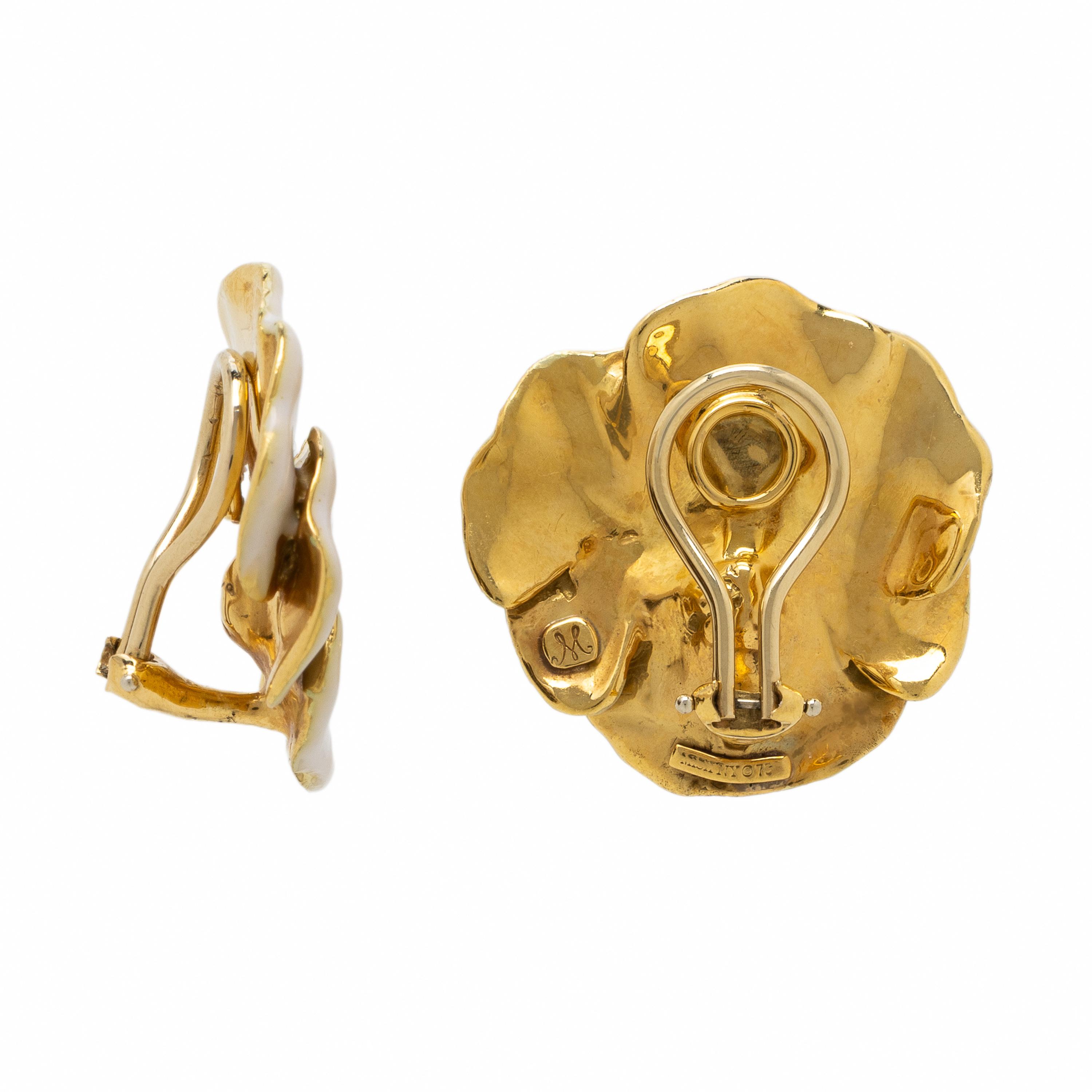 Mish, Enamel and Yellow Gold Pansy Earrings