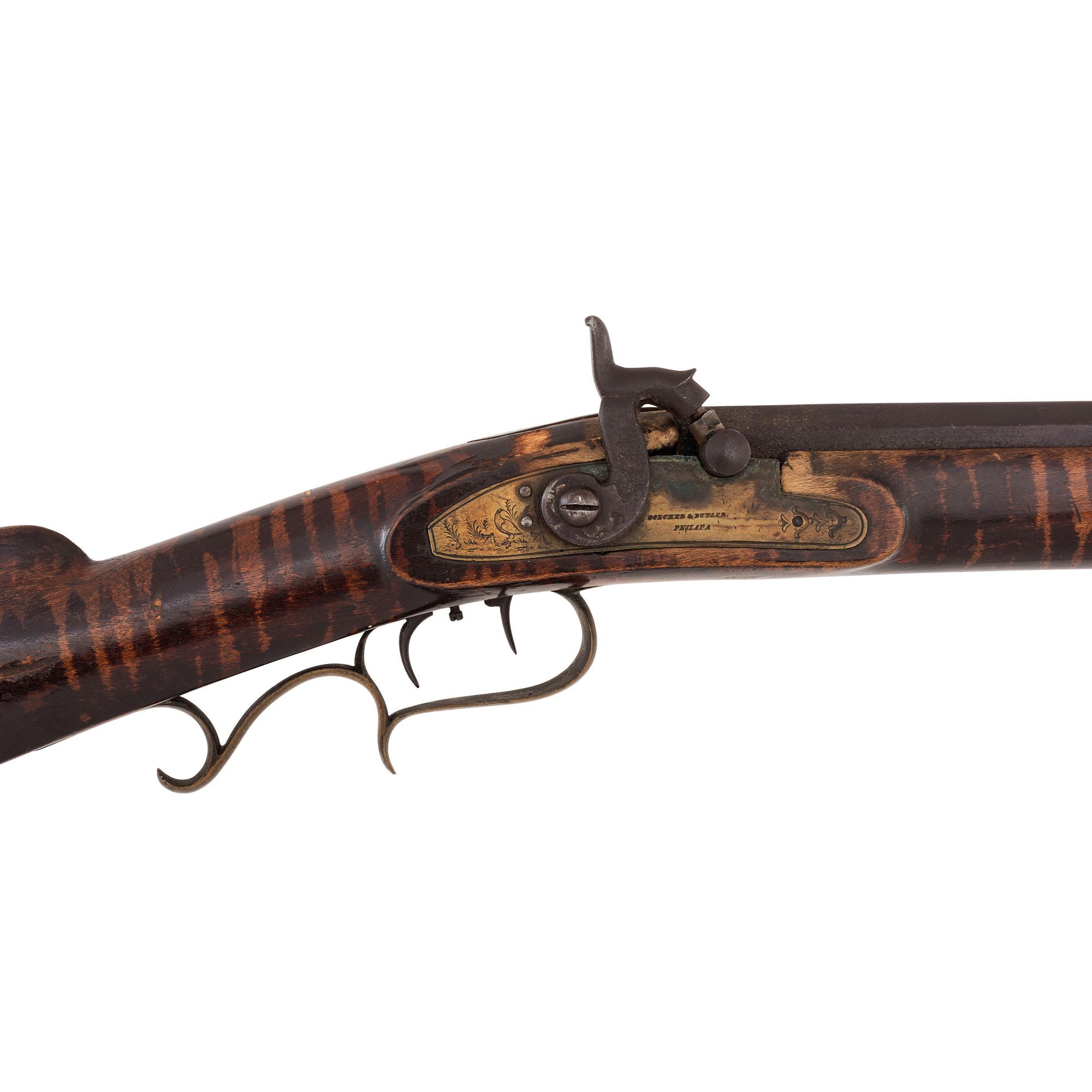 Percussion Plains Rifle with Brass Lock Marked Golcher & Butler Attributed to Tryon
