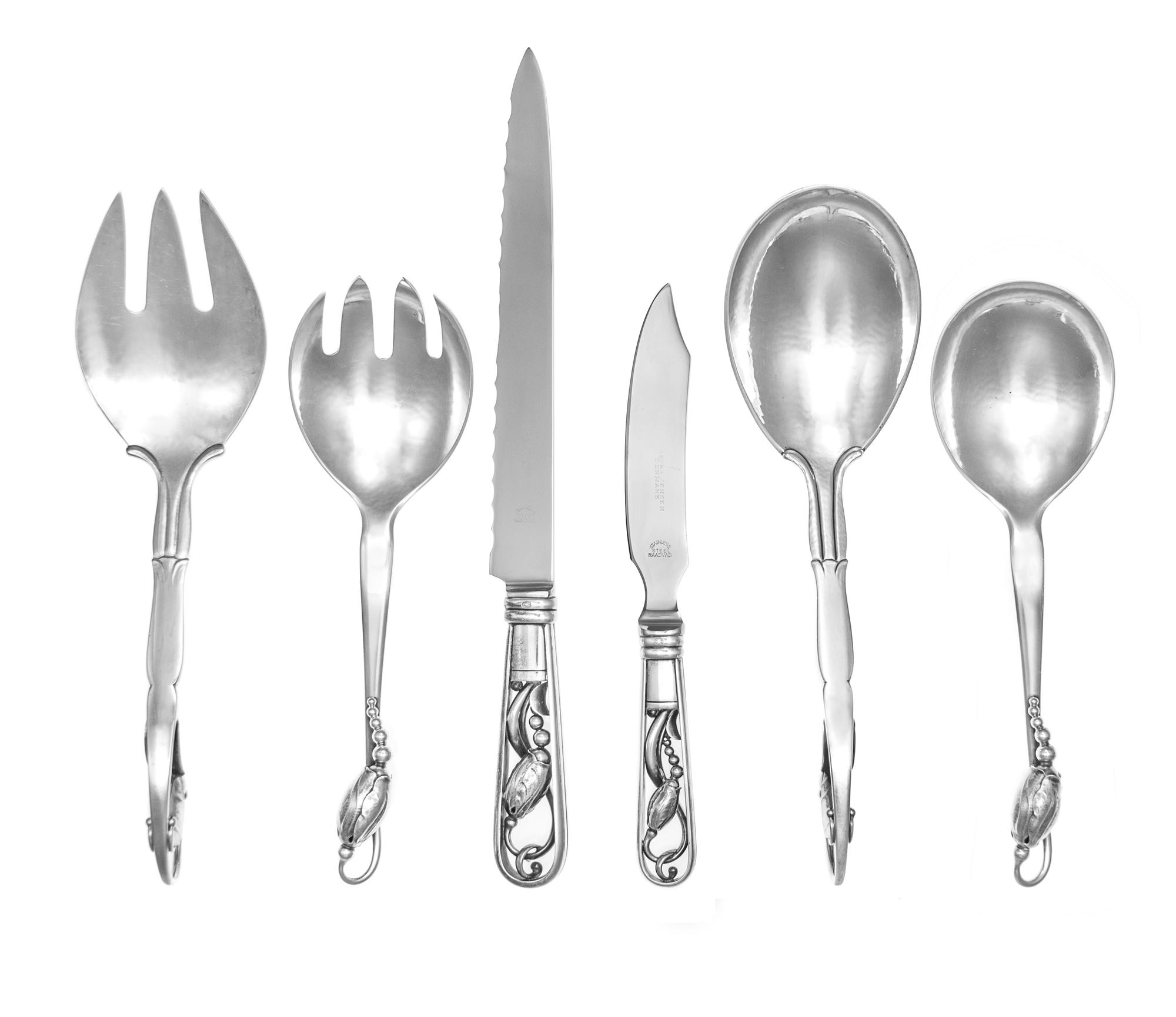 A Set of Fifteen Danish Silver Serving Articles, Georg Jensen Silversmithy, Copenhagen, 1945-77, Blossom pattern, comprising a soup lad