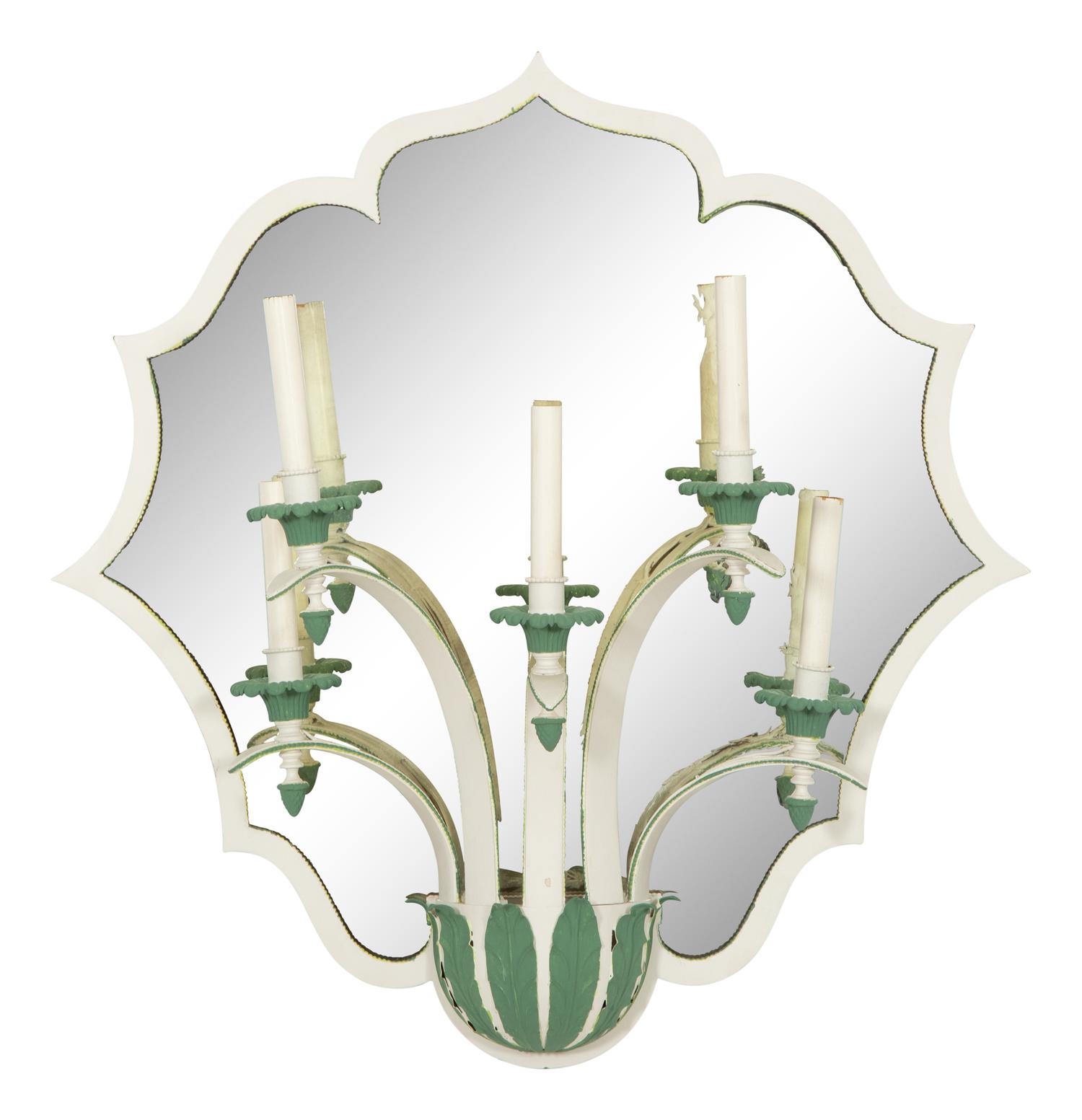 A Set of Four Green and White Painted Five-Light Girandole Mirrors