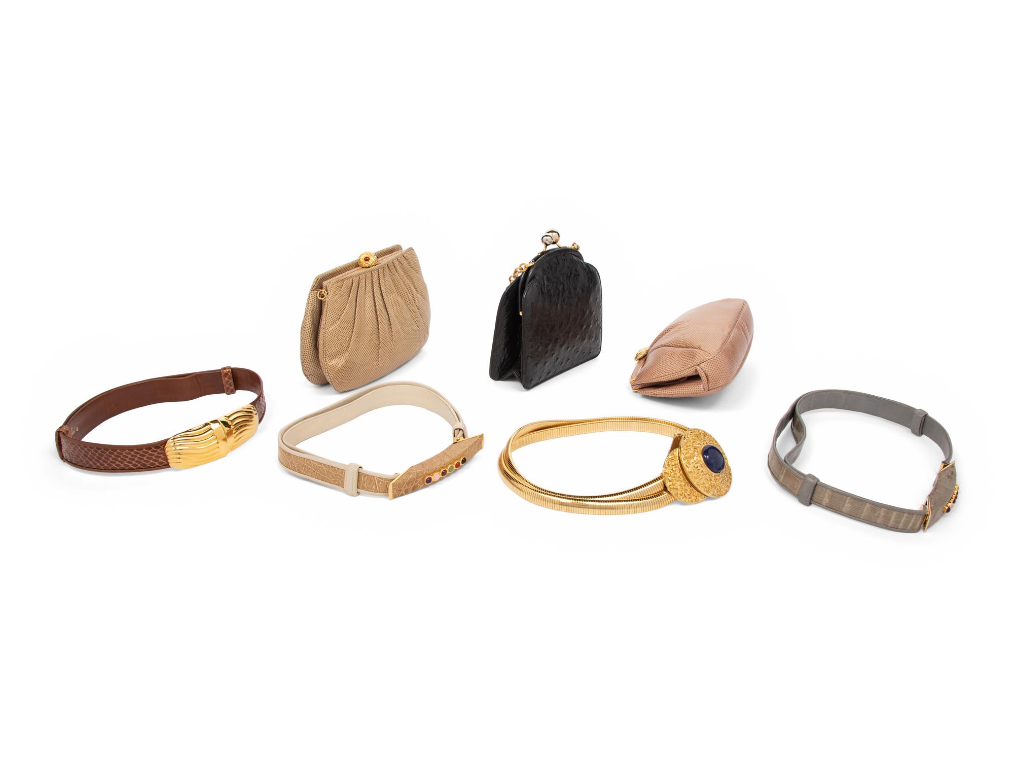 Seven Judith Leiber Items: Three Exotic Skin Bags, Four Belts, 1980-90s