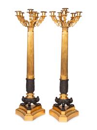 A Pair of Large Empire Style Gilt and Patinated Metal Six-Light Candelabra