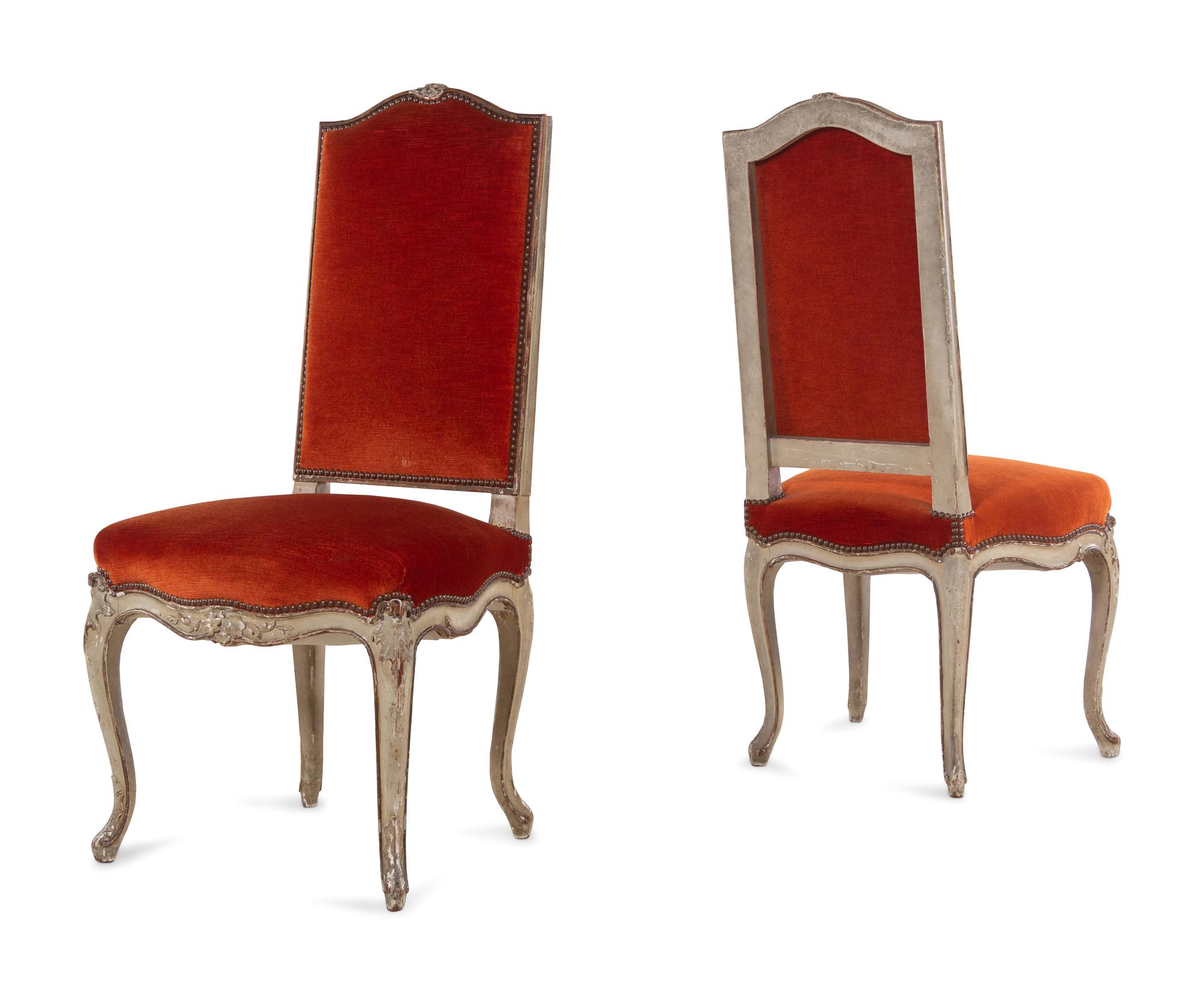 A Set of Ten Louis XV Style Painted Oak Dining Chairs with Velvet Upholstery