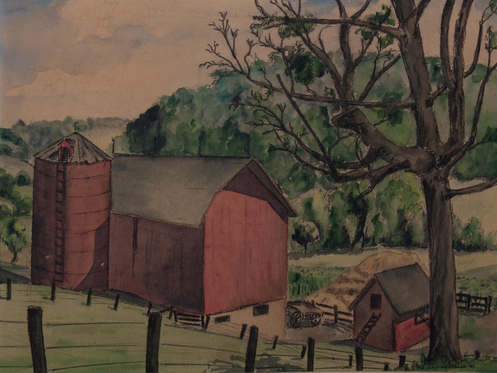 James Schwalbach, (Wisconsin, 1912-1984), Red Barn, Wisconsin, 1941