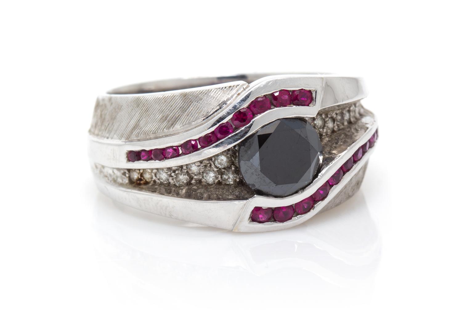 A 14 Karat White Gold, Black Diamond, Diamond and Ruby Ring, 10.60 dwts.