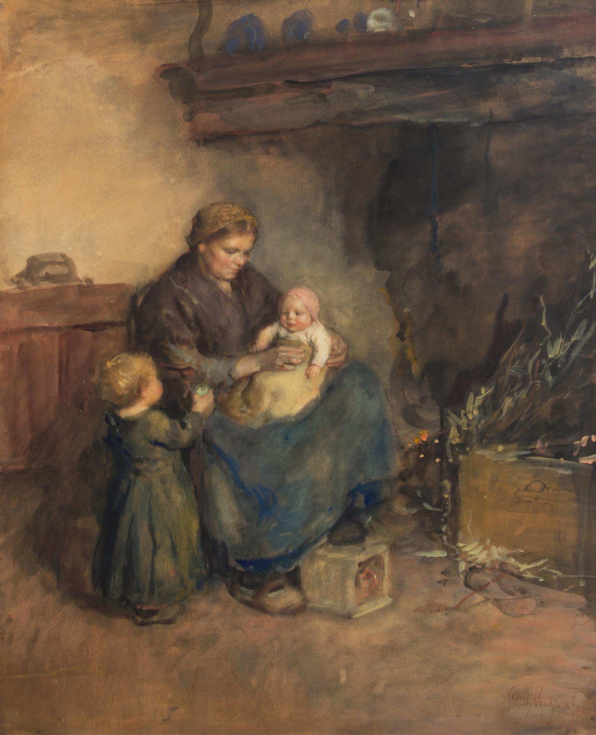 Albert Neuhuys, (Belgian, 1895-1968), Mother with Children by Fireplace
