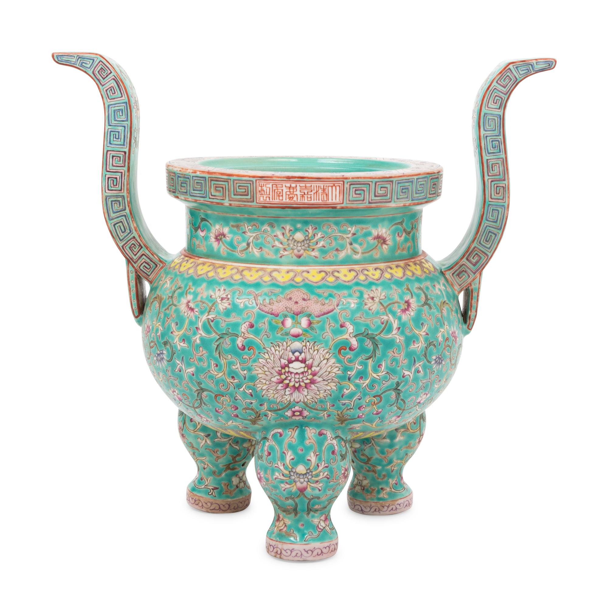 A Turquoise Ground Famille Rose Porcelain Incense Burner