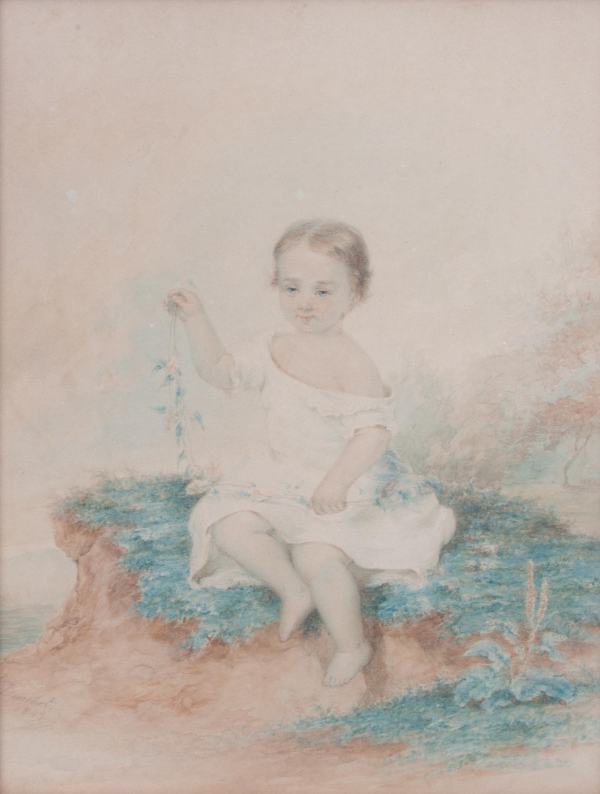 French School, (19th century), Young Girl Seated in a Landscape, 1849