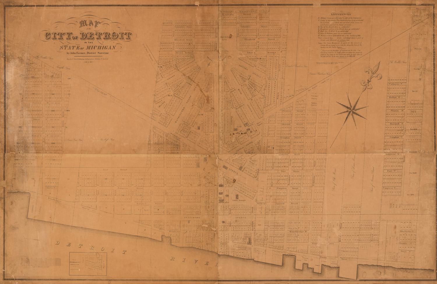 [MAPS & VIEWS]. FARMER, John (1798-1859), surveyor. Map of the City of Detroit in the State of Michigan . Detroit: C.B. & J.R. Graham Lithographers, 1835.