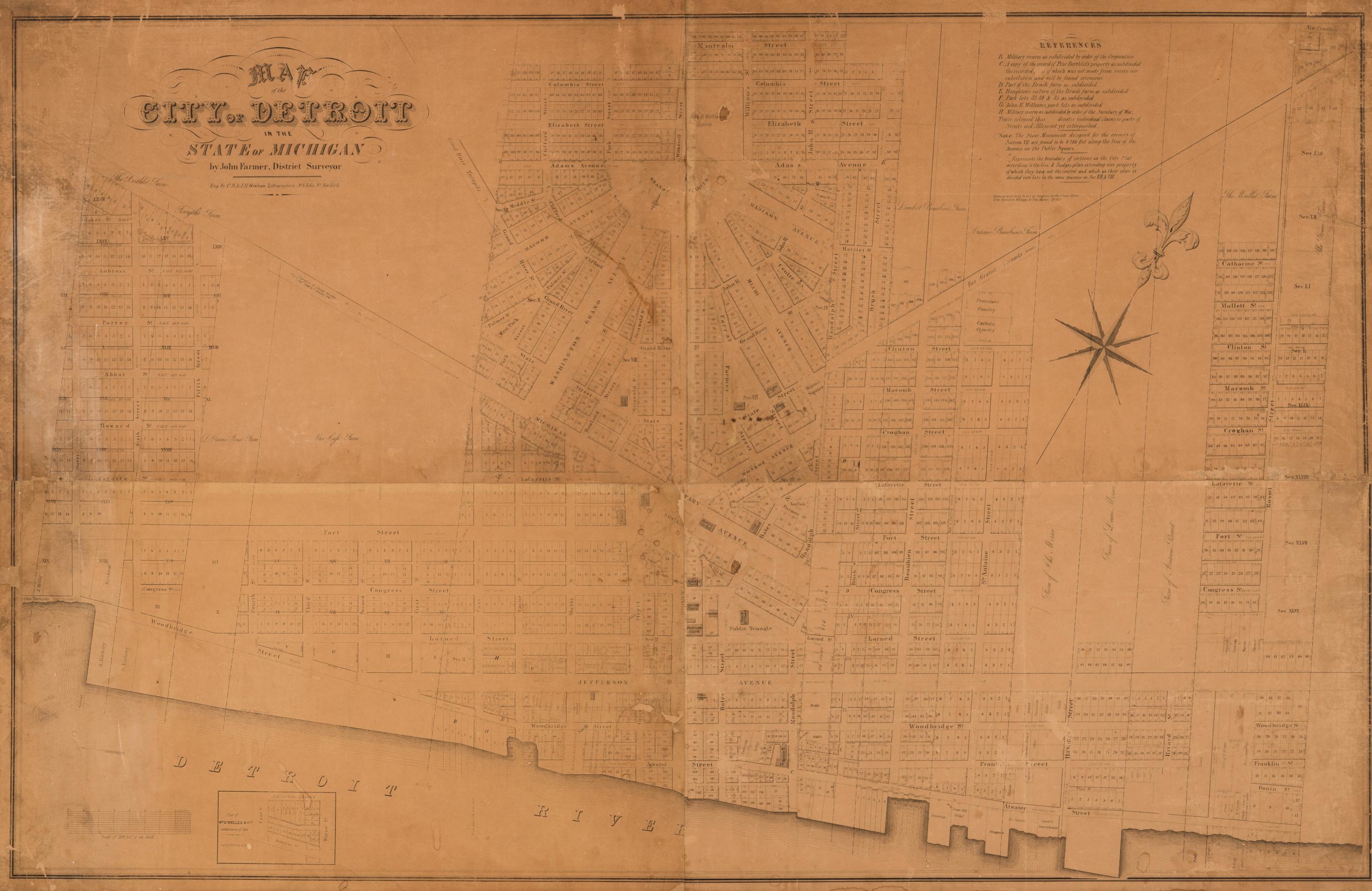 [MAPS & VIEWS]. FARMER, John (1798-1859), surveyor. Map of the City of Detroit in the State of Michigan . Detroit: C.B. & J.R. Graham Lithographers, 1835.