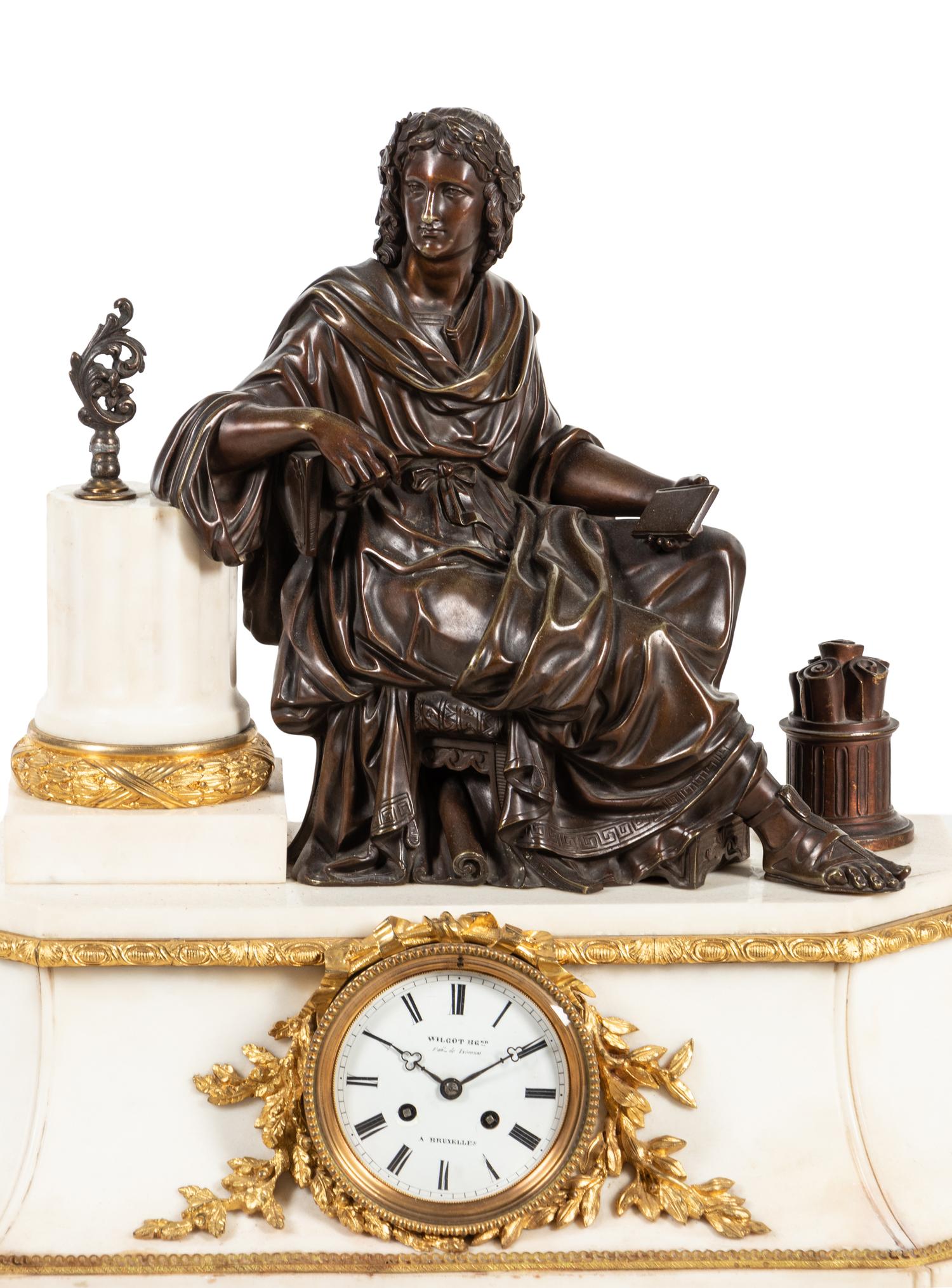 A French Gilt and Patinated Bronze Mounted Marble Mantel Clock