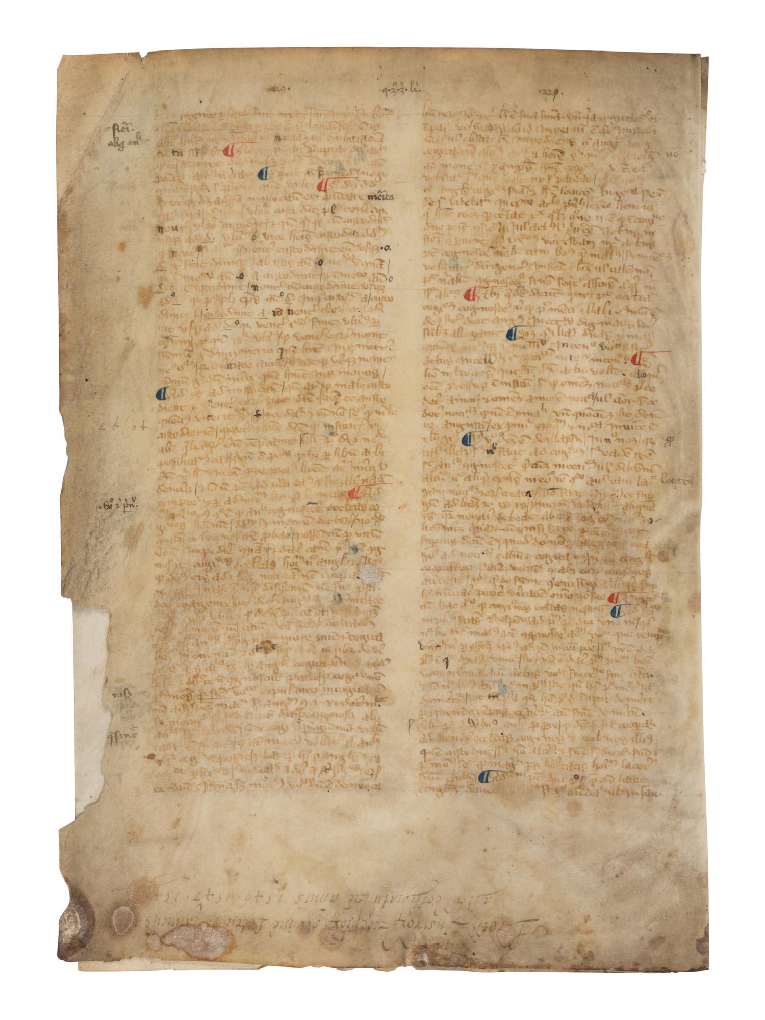AN IMPORTANT UNIVERSITY TEXT ROBERT HOLCOT (1290-1349), Opus quaestionum super sententias (a commentary on the Sentences of Peter Lombard), in Latin, bifolium on vellum [France, Paris, c. 1350]