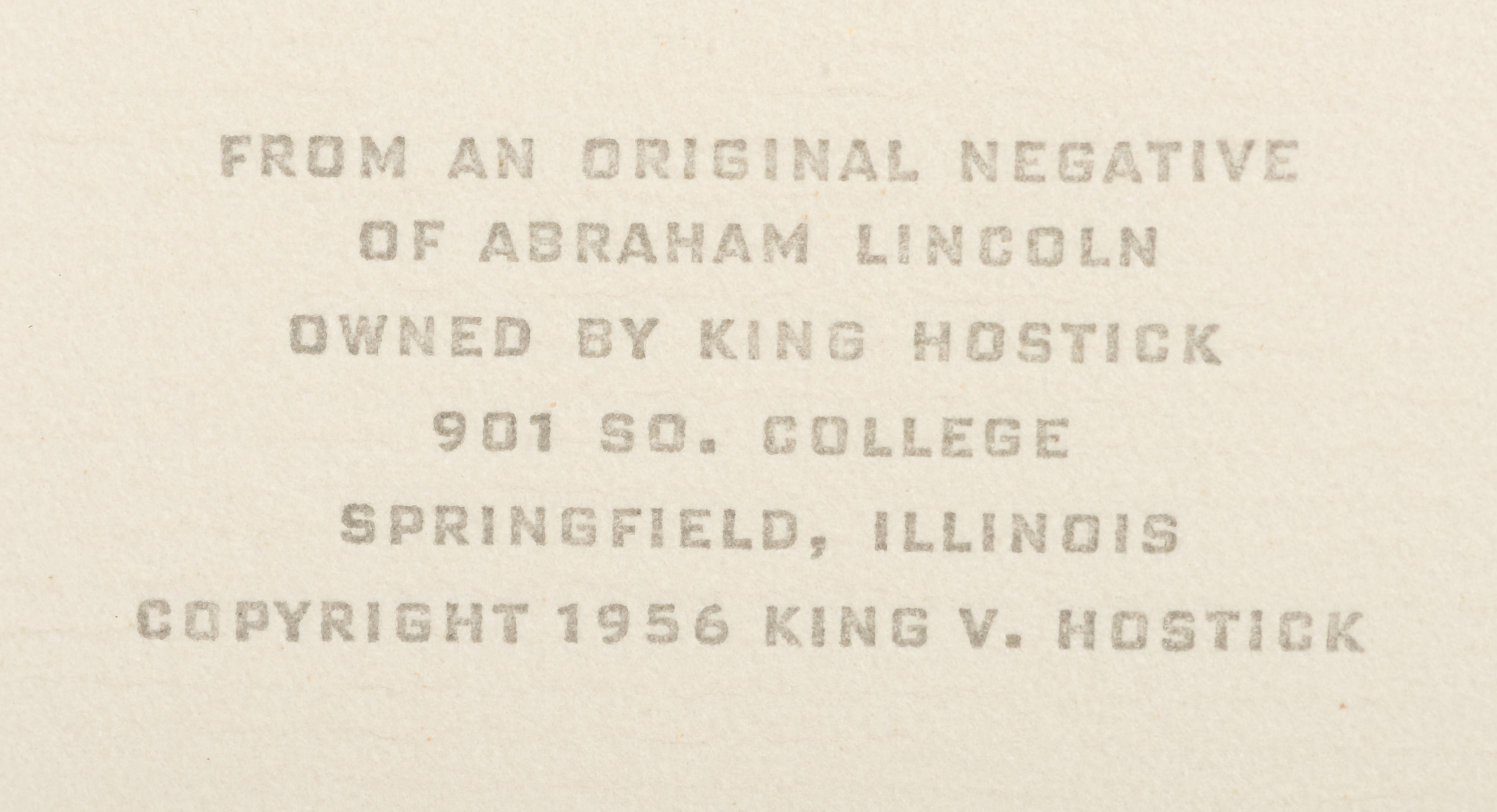 [LINCOLN, Abraham (1809-1865)]. [HESLER, Alexander (1823-1895), photographer]. 2 photographs of Lincoln printed by King V. Hostick - Herbert George Studio. 1956.