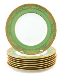 A Group of Eight Coalport Porcelain Plates with Apple Green and Gilt Border Diameter 9 inches.