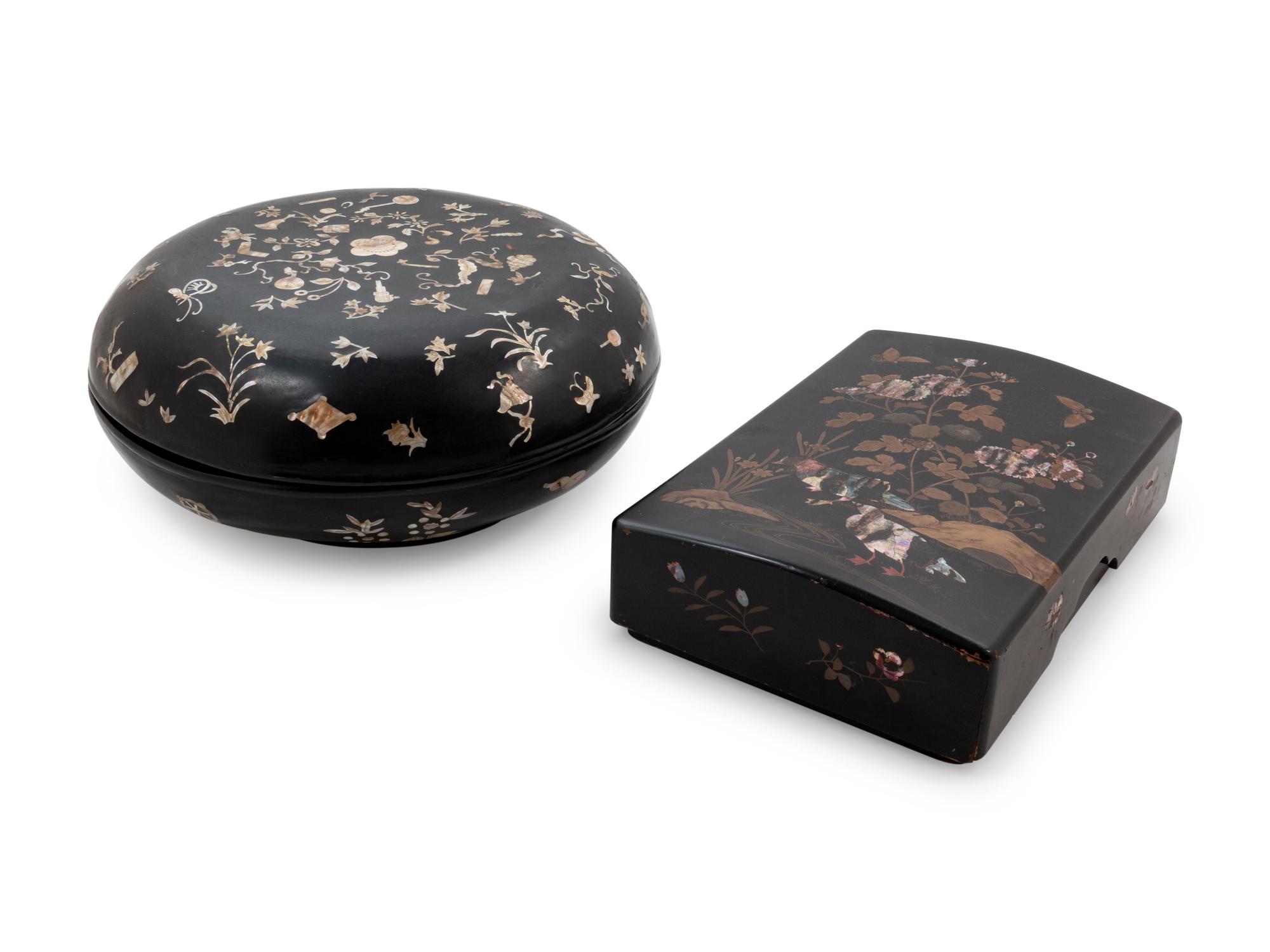 Two Chinese and Japanese Mother-of-Pearl Inlaid Black Lacquer Covered Boxes