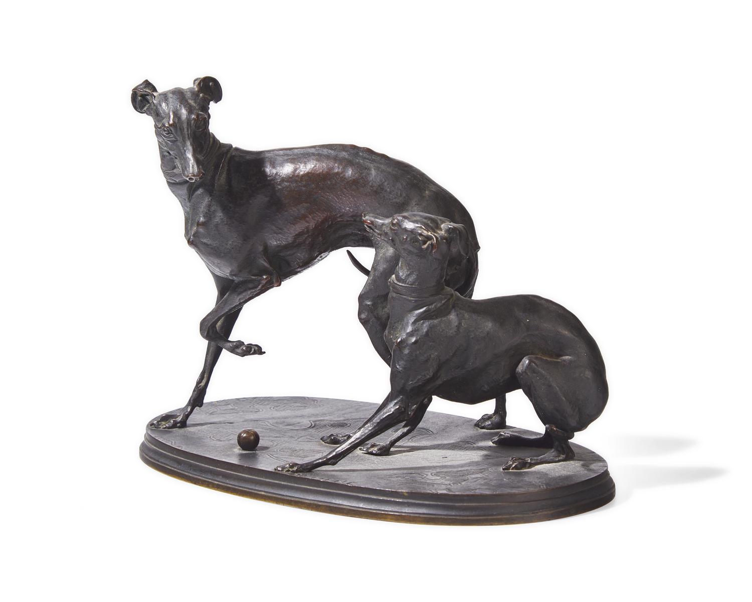After Pierre-Jules Mêne (French, 1810-1879), A Bronze Sculpture of Two Greyhounds Playing with a Ball