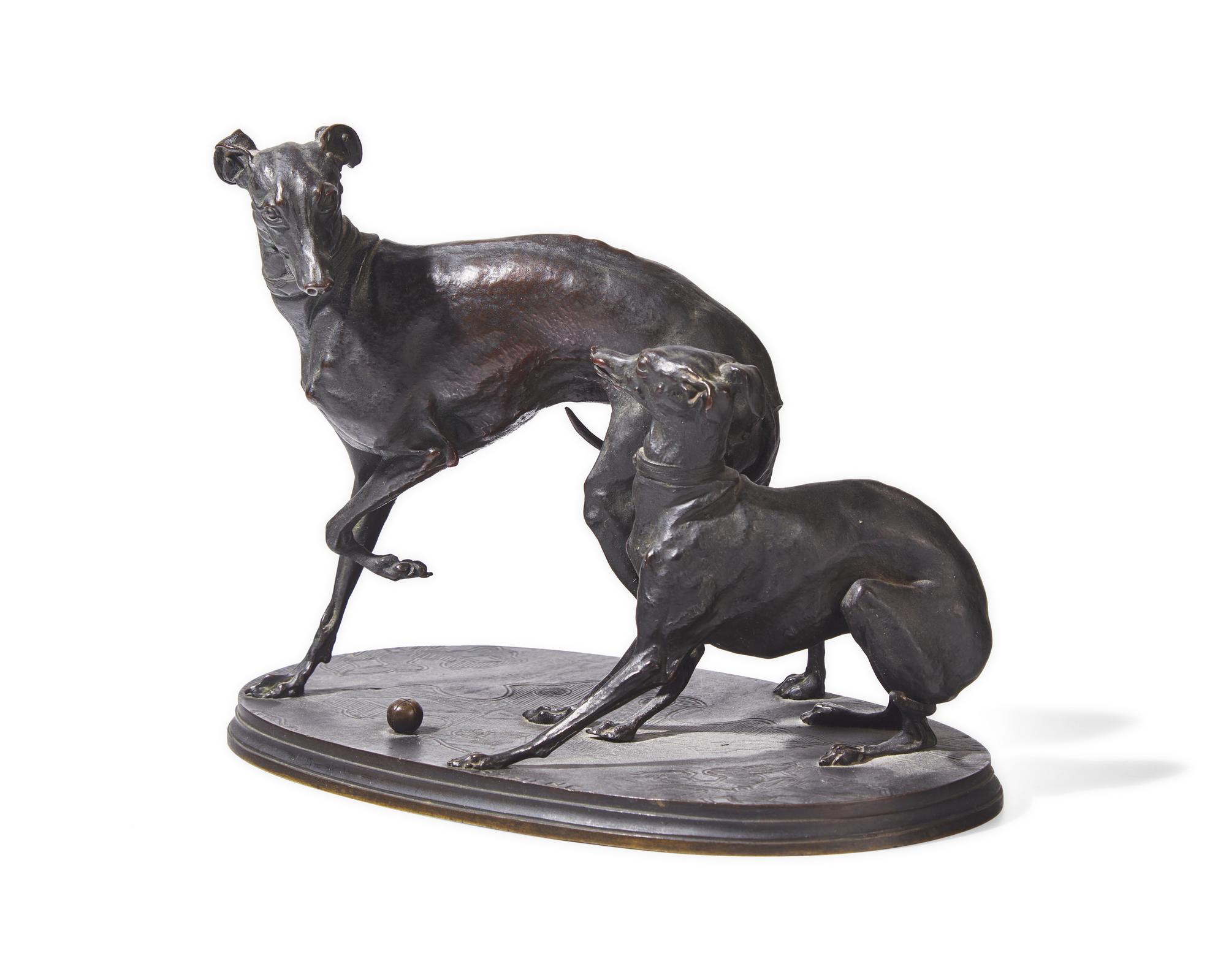After Pierre-Jules Mêne (French, 1810-1879), A Bronze Sculpture of Two Greyhounds Playing with a Ball