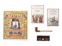 [CIVIL WAR]. A group of illustrated cigar labels, carved pipe, and cigar roller.
