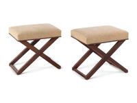 A Pair of X-Form Stools with Fortuny Upholstery in the Style of Jean-Michel Frank