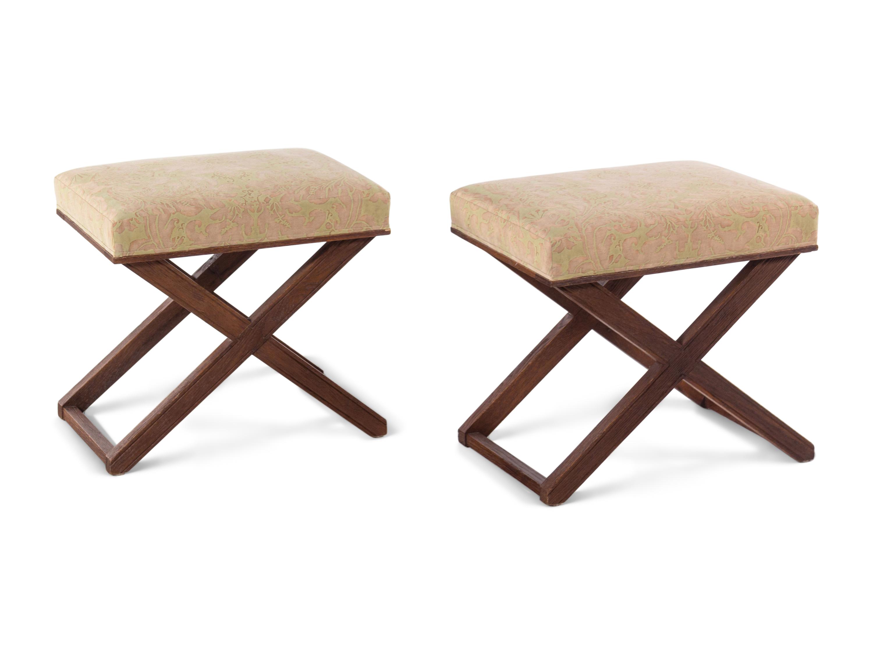 A Pair of X-Form Stools with Fortuny Upholstery in the Style of Jean-Michel Frank