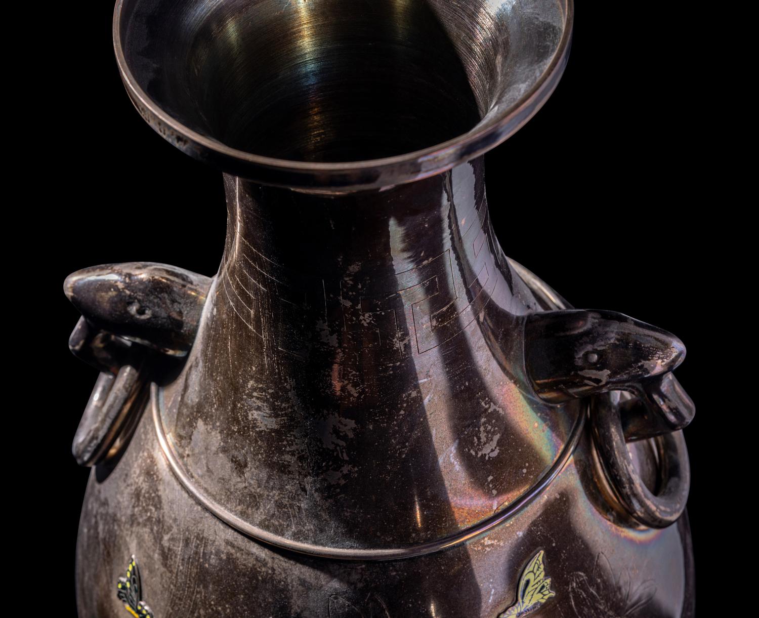 A Japanese Enamel on Silver Handled Vase