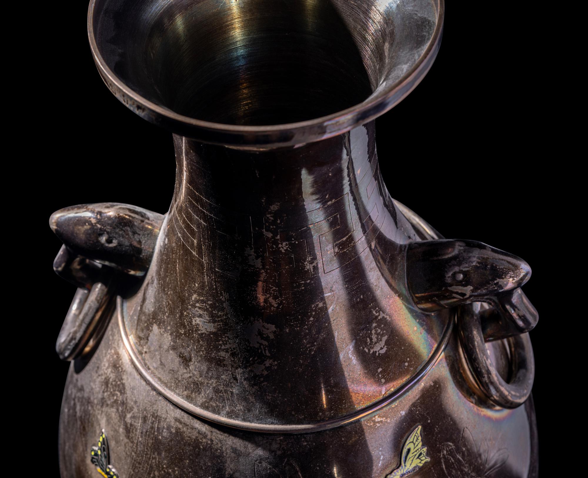 A Japanese Enamel on Silver Handled Vase
