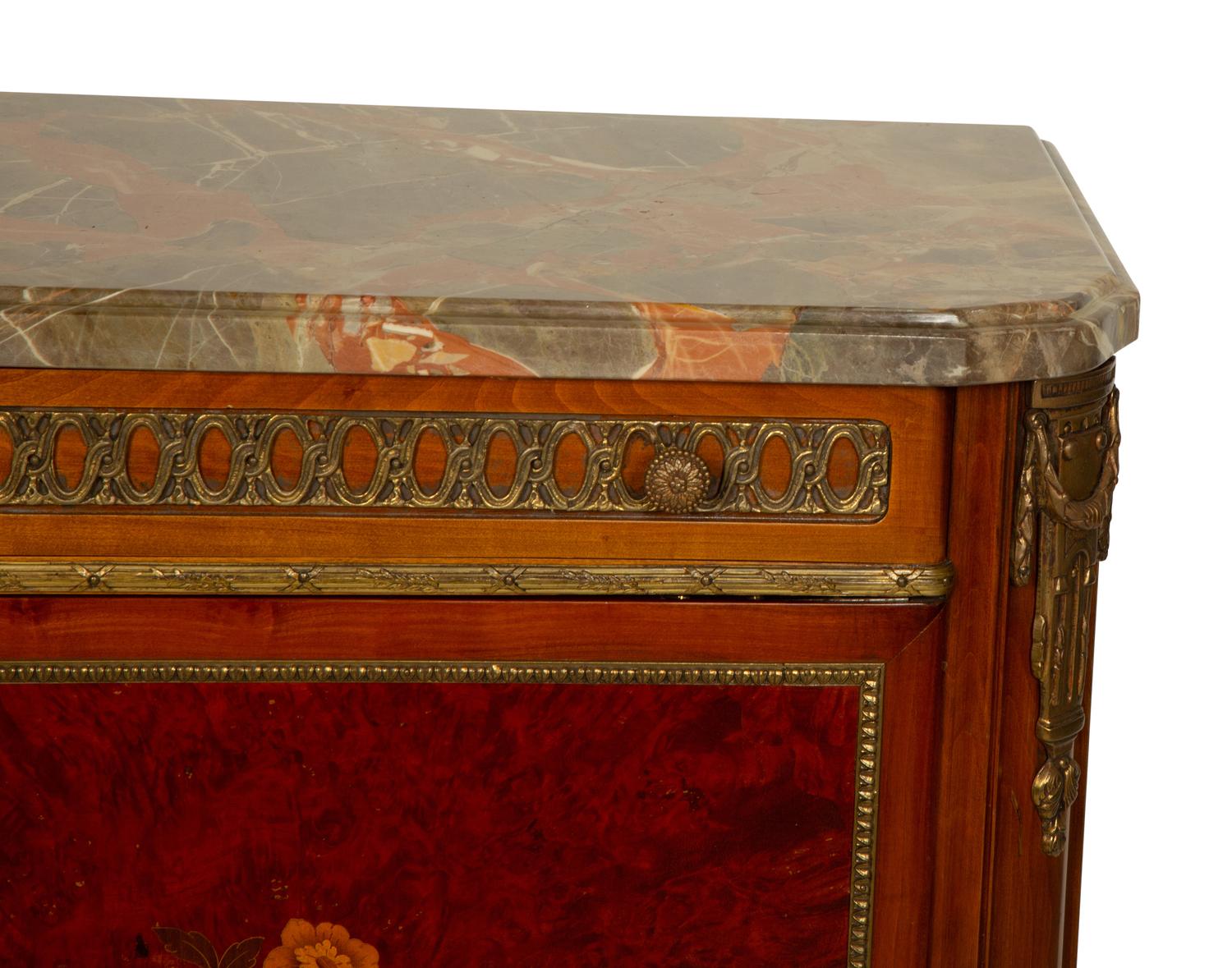 A Louis XVI Style Gilt Bronze Mounted Marquetry Marble-Top Cabinet