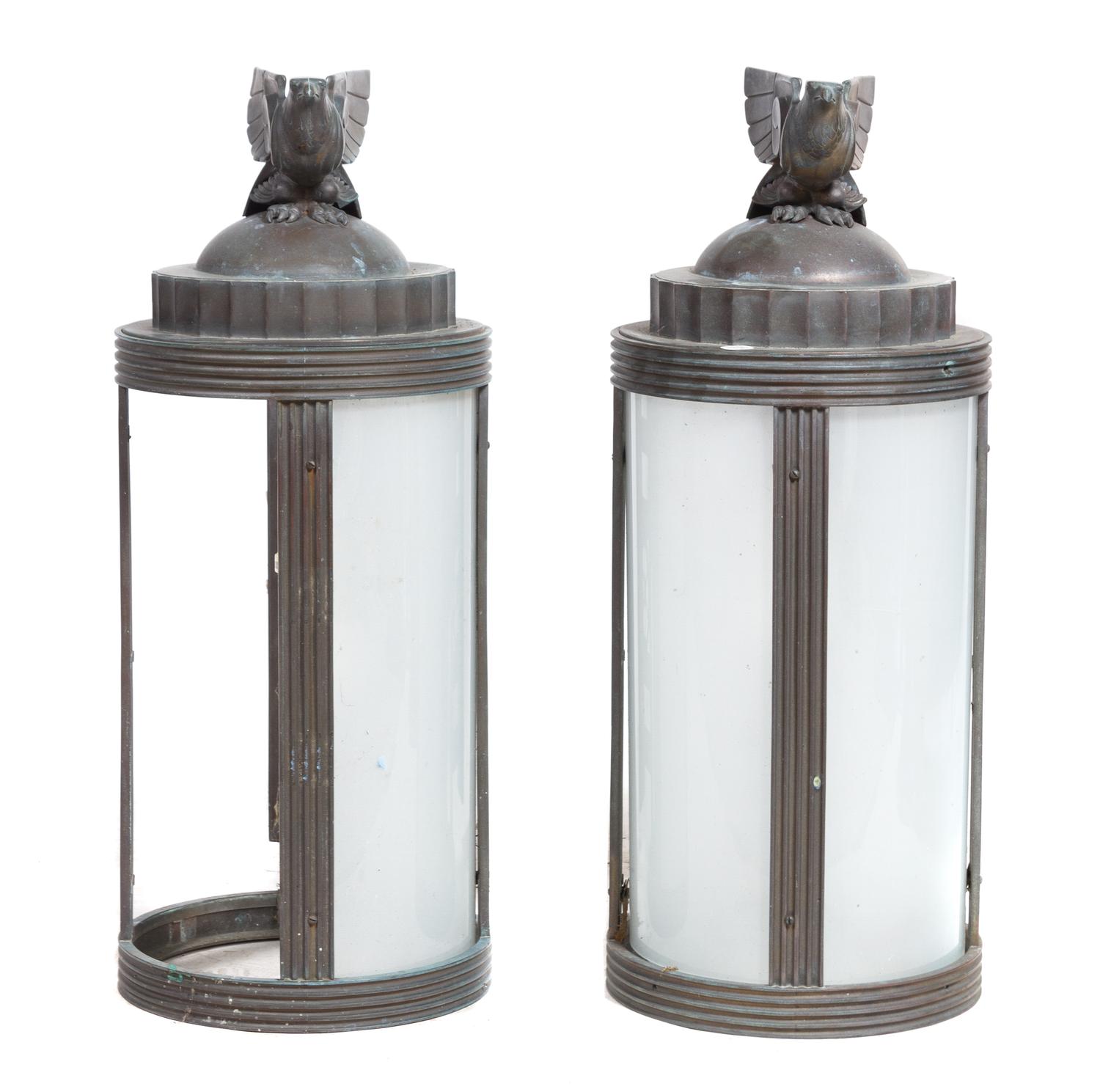 A Set of Four Art Deco Cast Metal Lanterns Height 30 inches.