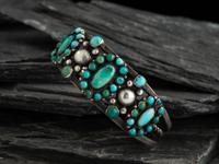 Zuni or Navajo Silver and Turquoise Cluster Cuff Bracelet