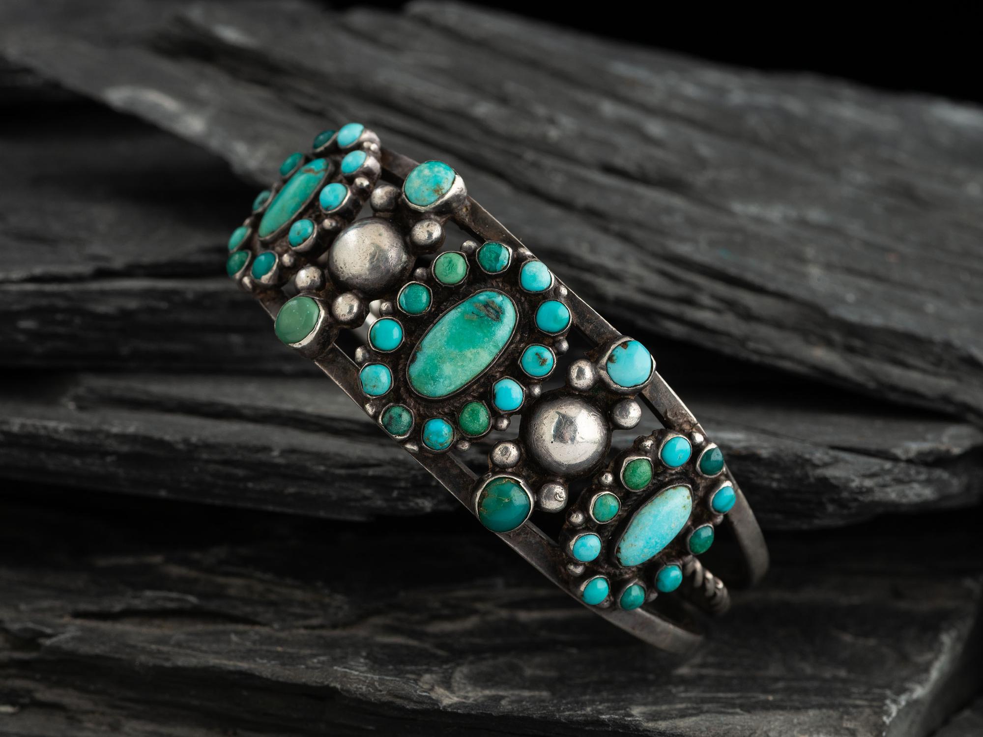 Zuni or Navajo Silver and Turquoise Cluster Cuff Bracelet