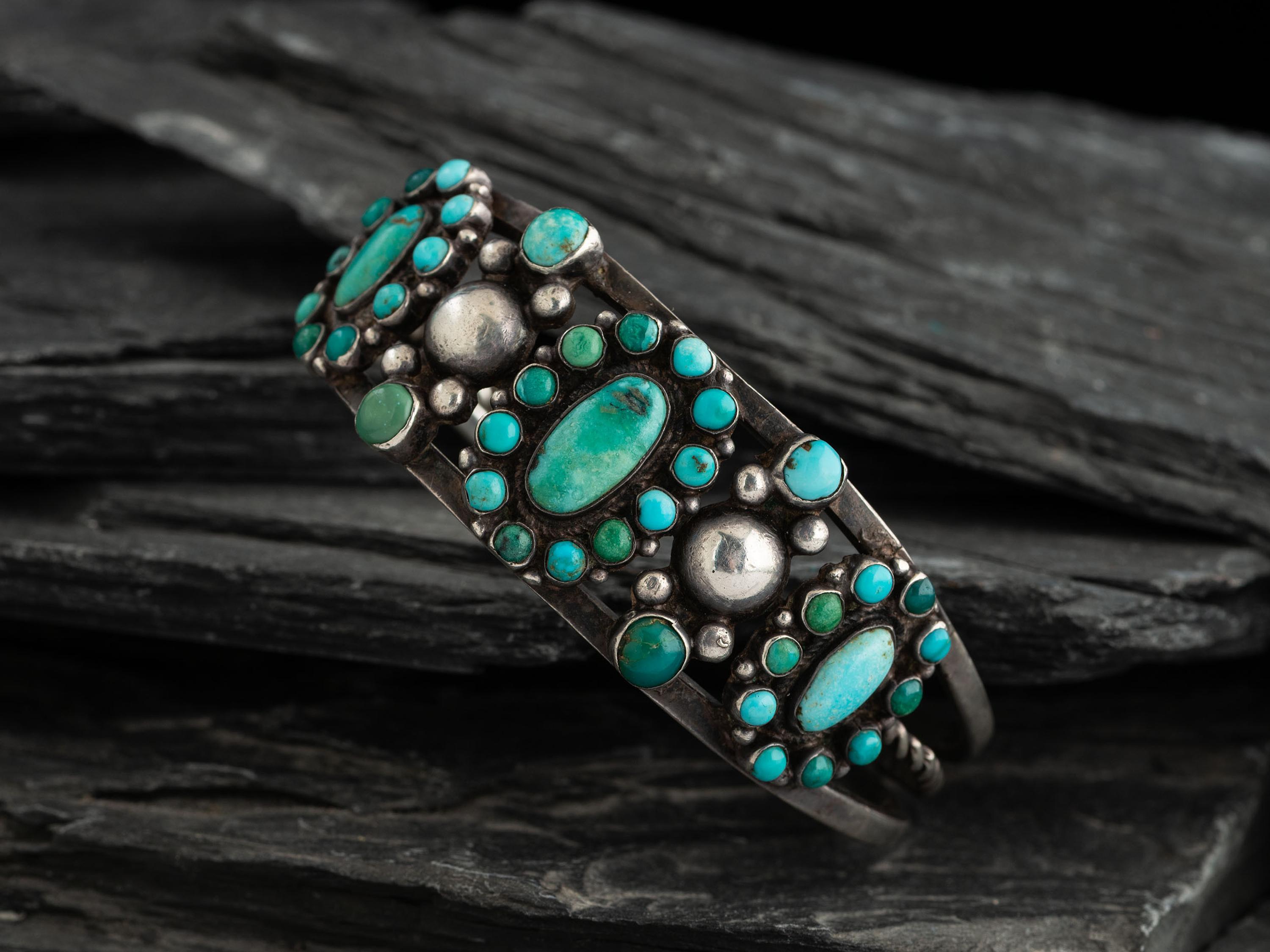Zuni or Navajo Silver and Turquoise Cluster Cuff Bracelet