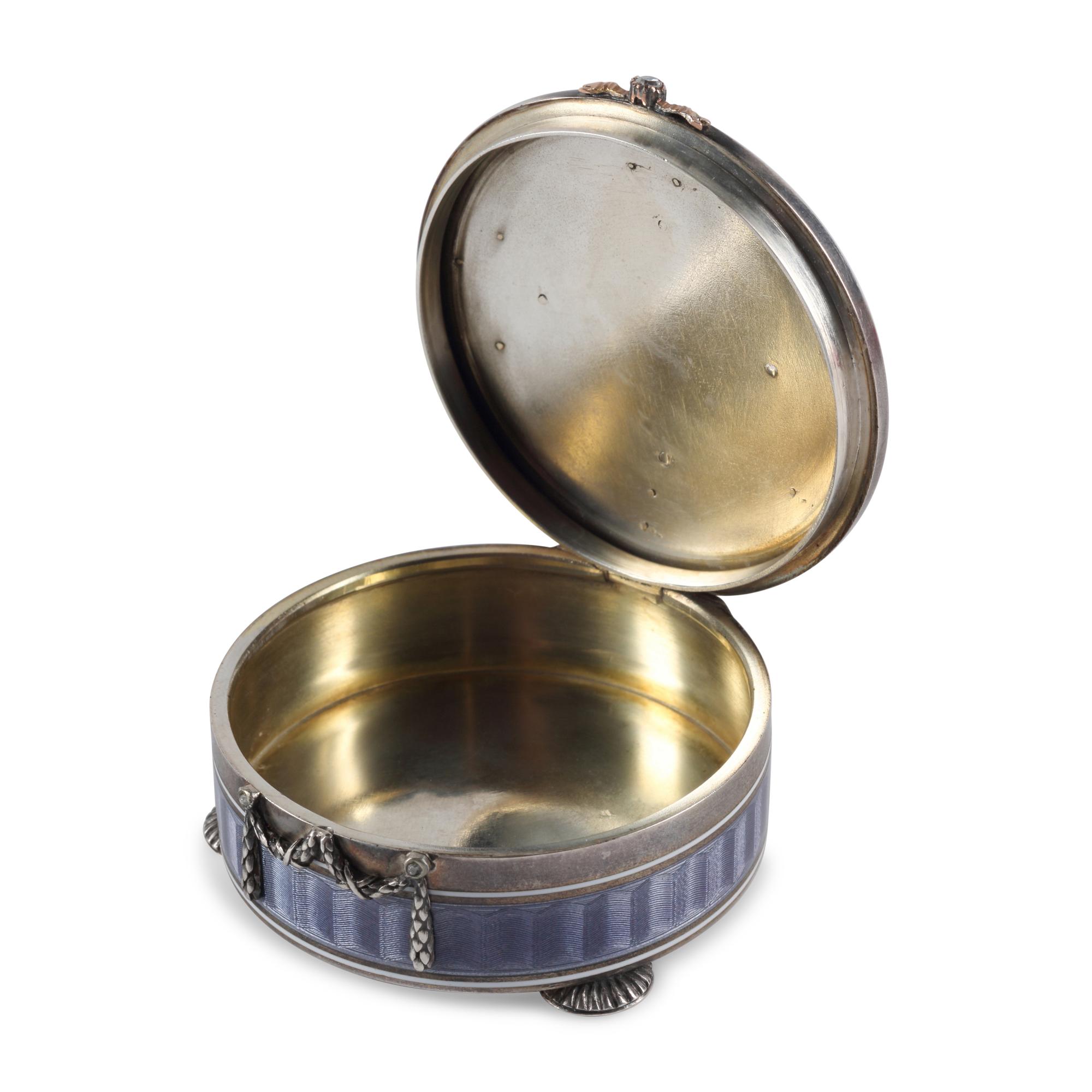 A Silver, Gold, Guilloché Enamel, Diamond and Ruby-Mounted Box