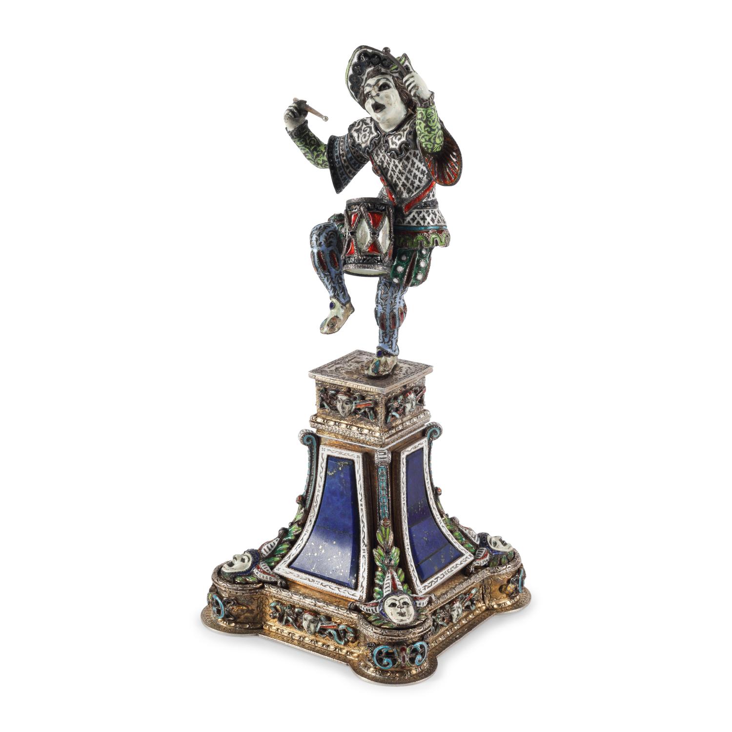 An Austrian Silver, Enamel and Hardstone Mounted Figure of a Drummer Clown