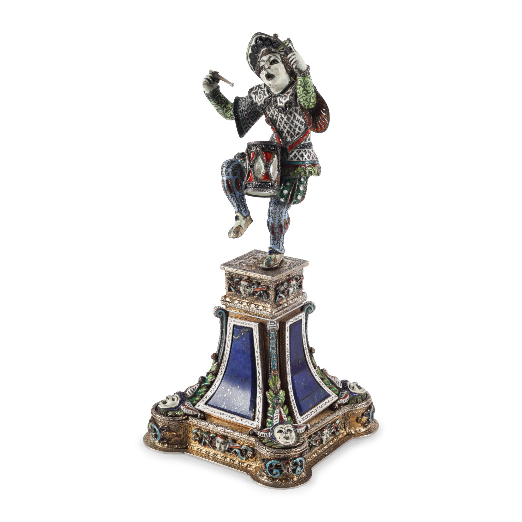 An Austrian Silver, Enamel and Hardstone Mounted Figure of a Drummer Clown