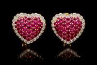 A Pair of 18 Karat Yellow Gold, Ruby and Diamond Heart Earclips, 17.30 dwts.
