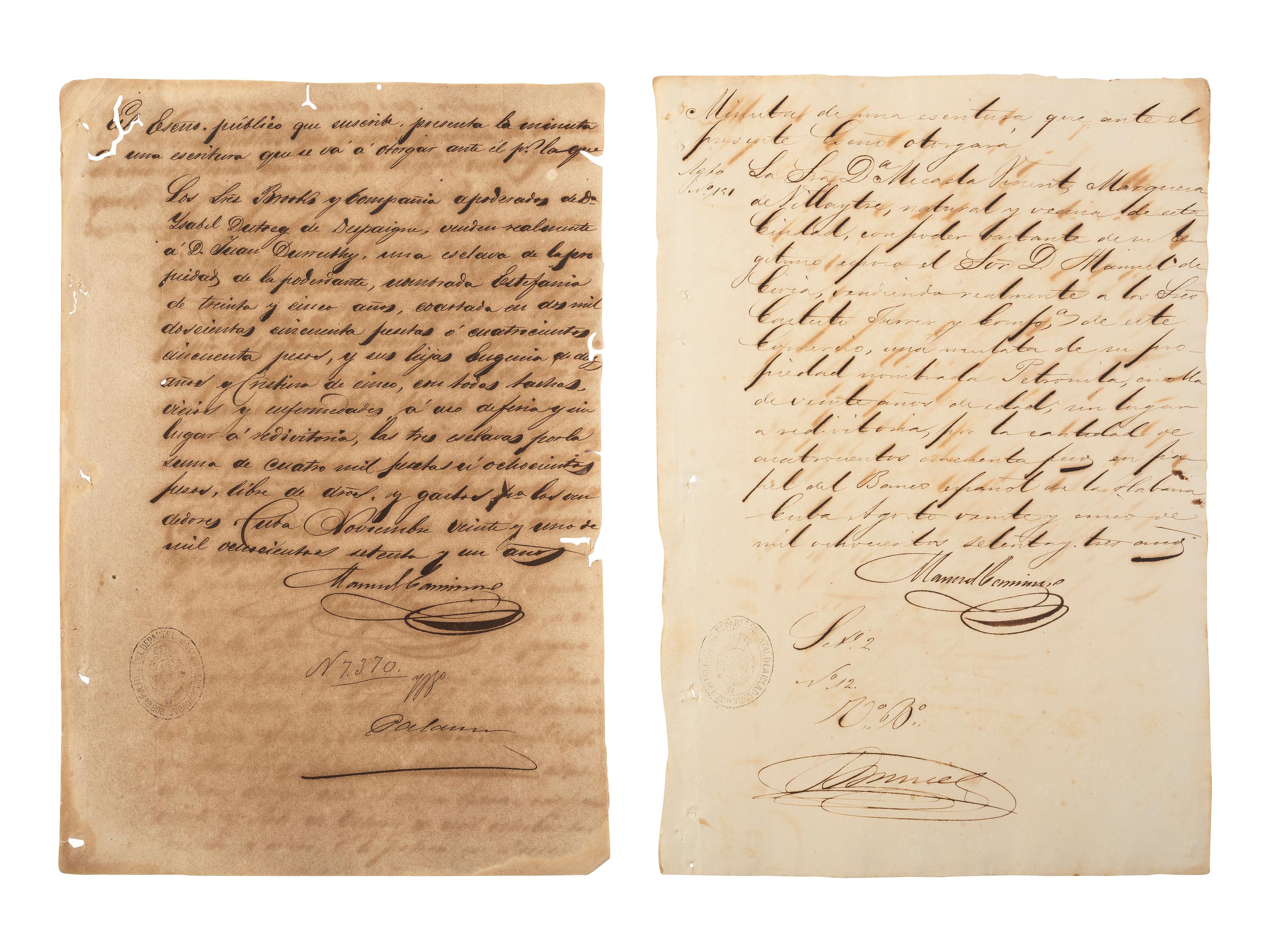 [ENSLAVEMENT & ABOLITION]. A group of 12 documents regarding the sale of enslaved persons in Cuba. 1844-1873.