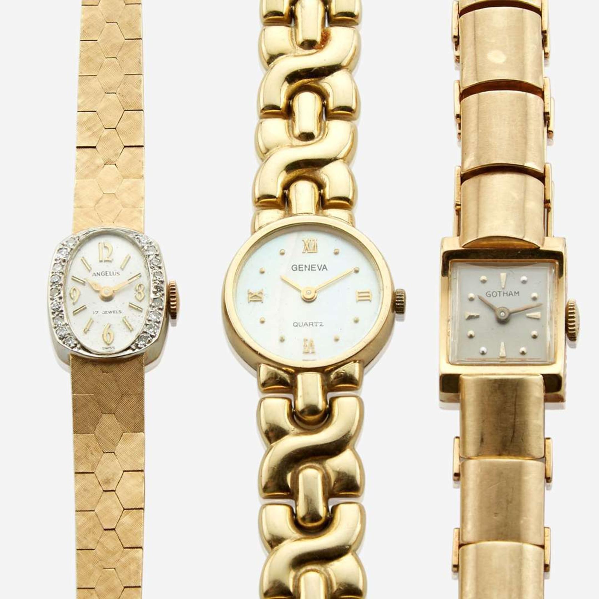 A collection of three lady's gold bracelet watches Geneva, Angelus, Gotham