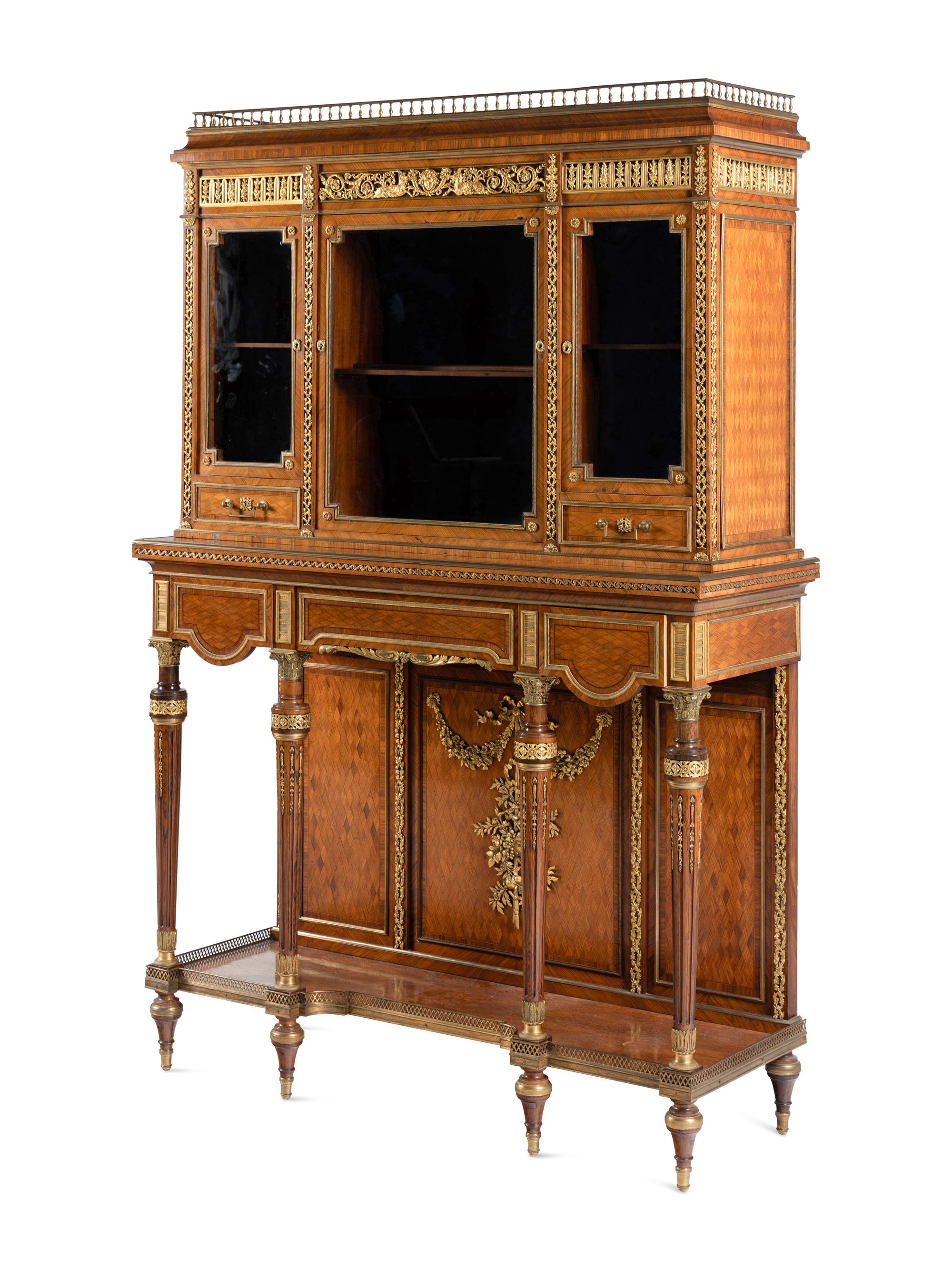 A Louis XVI Style Gilt Bronze Mounted Parquetry Cabinet-on-Stand