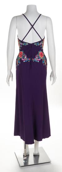A Roberto Cavalli Purple Floral Embellished Halter Gown, Clutch: 7.5" x 4.75" x 1".