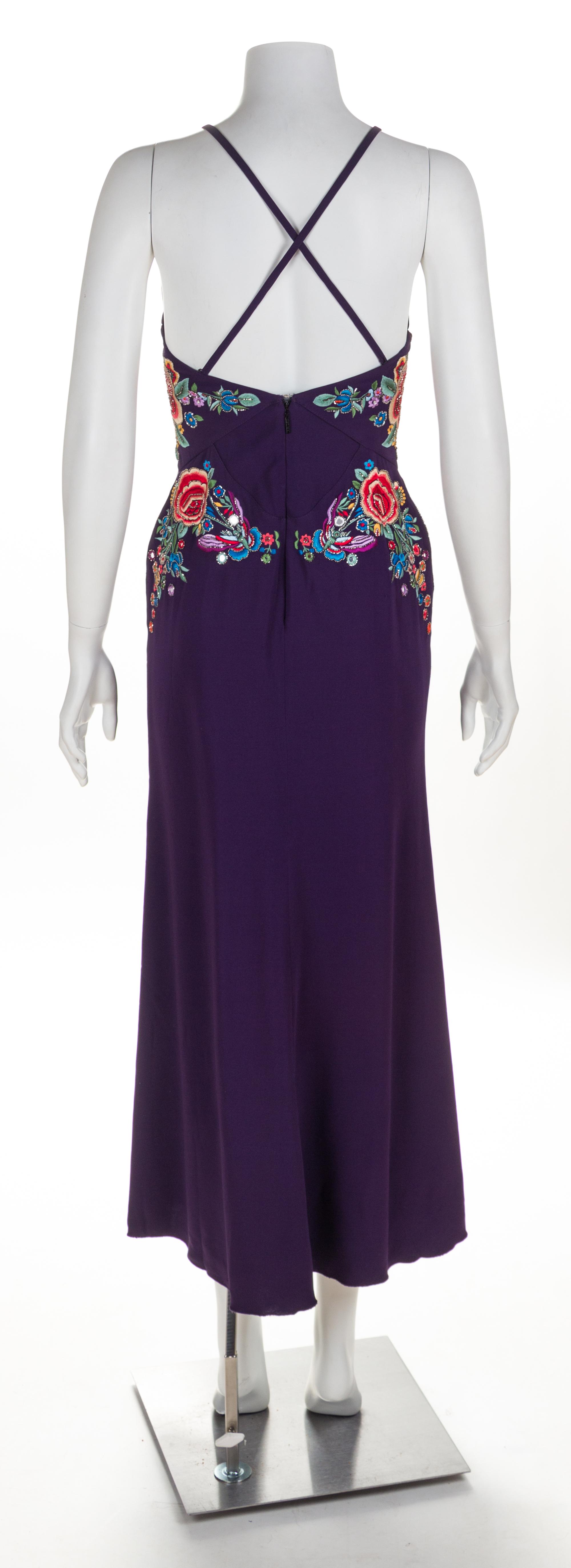 A Roberto Cavalli Purple Floral Embellished Halter Gown, Clutch: 7.5" x 4.75" x 1".