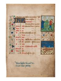A pair of calendar leaves from the mid-fifteenth century, illuminated in Bruges and Paris with scenes of the Labors of the Month and Signs of the Zodiac.