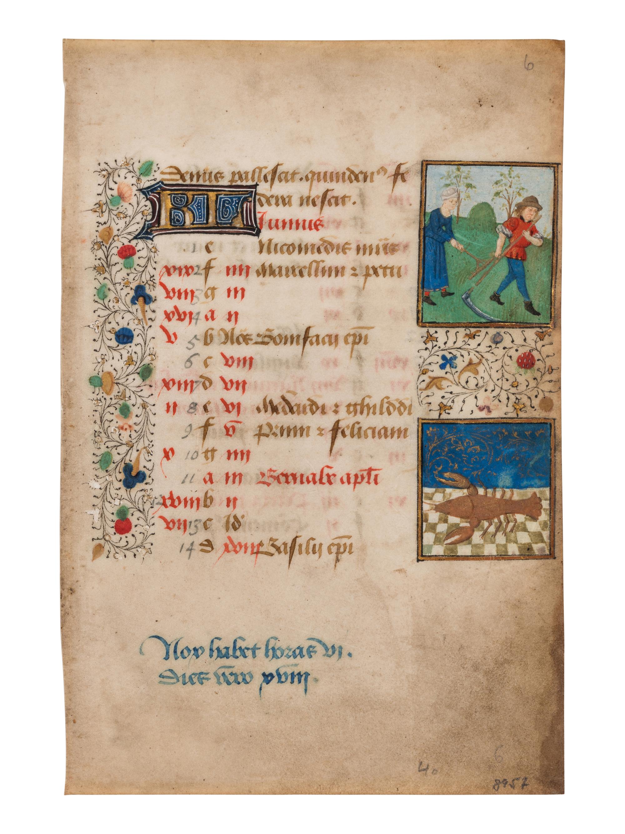 A pair of calendar leaves from the mid-fifteenth century, illuminated in Bruges and Paris with scenes of the Labors of the Month and Signs of the Zodiac.