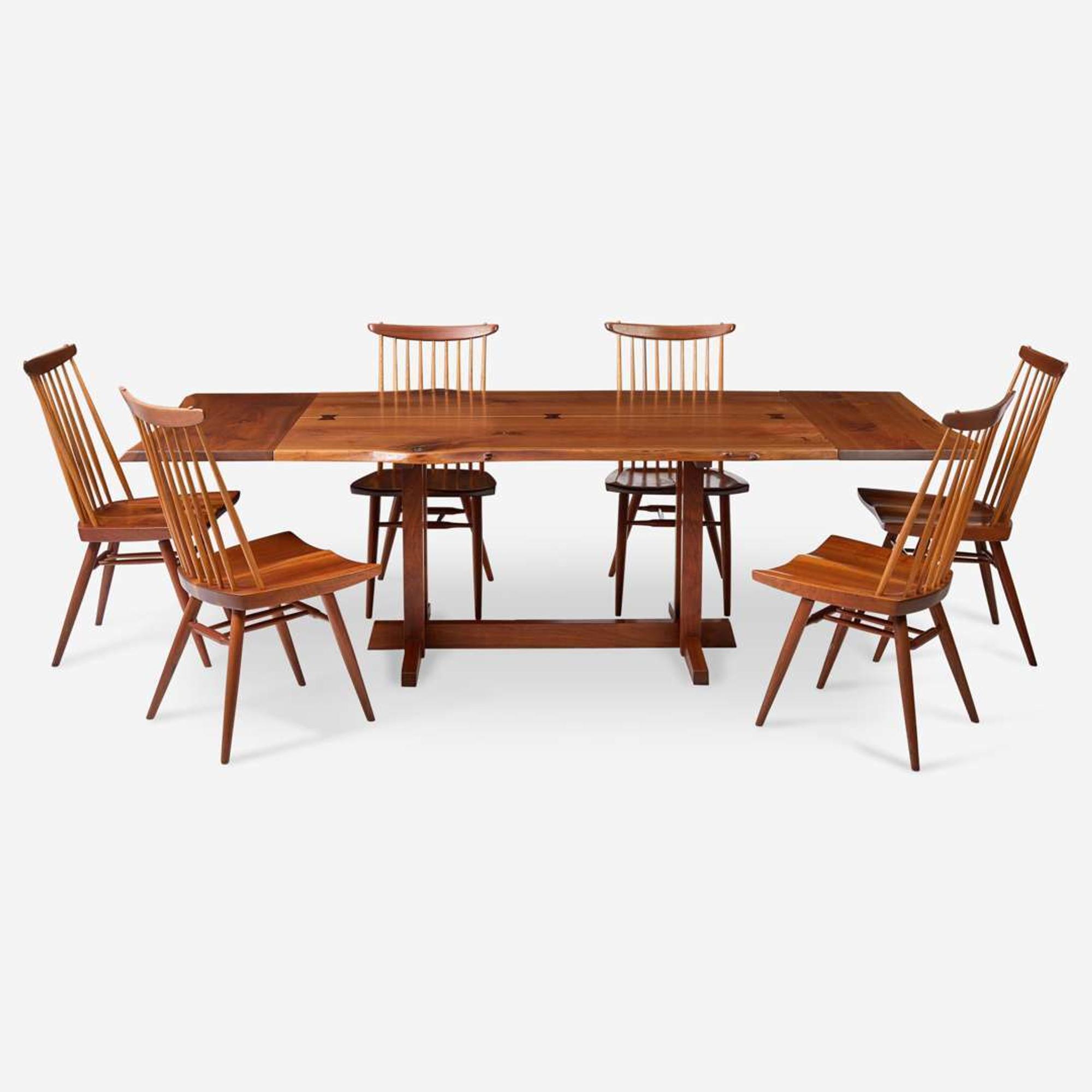 George Nakashima (American, 1905-1990) Fine "Frenchman's Cove II" Extension Dining Table and Set of Six "New" Dining Chairs, New Hope, Pennsylvania, 1966