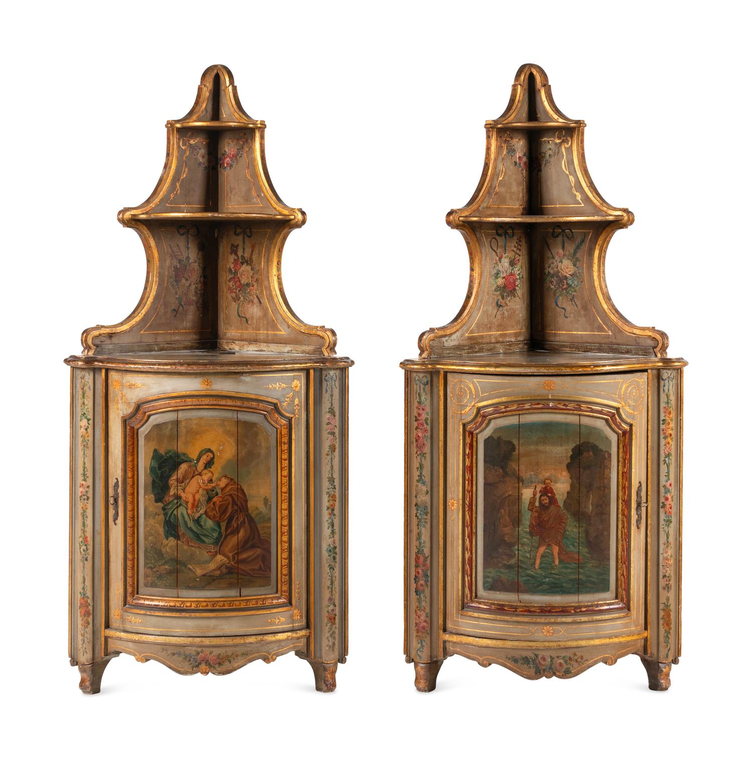 A Pair of French Painted Corner Cabinets