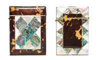 Two Mother-of-Pearl, Tortoise Shell and Abalone Veneered Card Cases, Height of taller 4 1/4 inches.