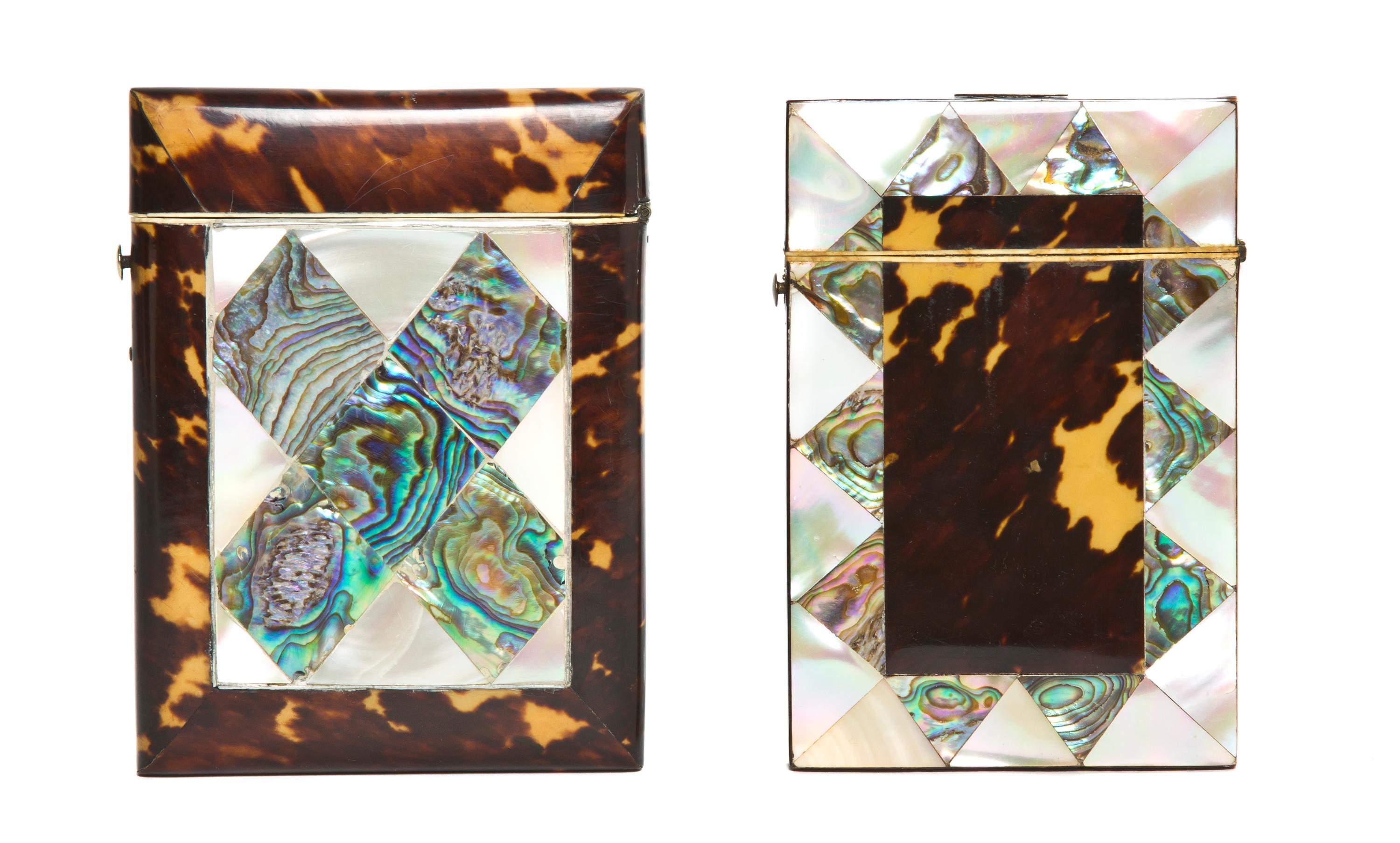 Two Mother-of-Pearl, Tortoise Shell and Abalone Veneered Card Cases, Height of taller 4 1/4 inches.
