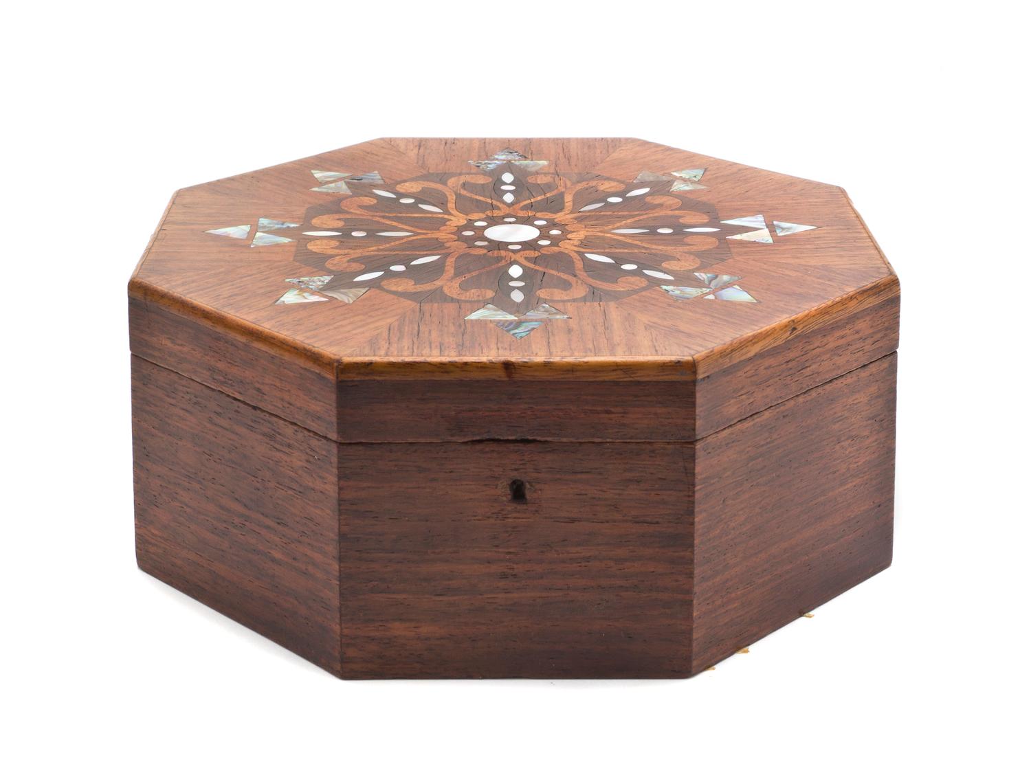 A Continental Marquetry and Mother-of-Pearl Inlaid Casket, Width 9 inches.