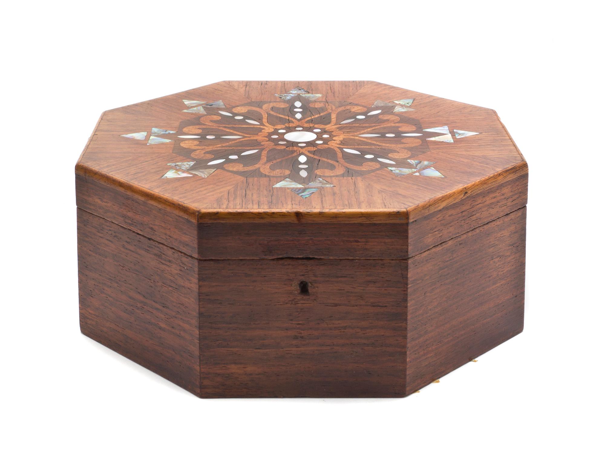 A Continental Marquetry and Mother-of-Pearl Inlaid Casket, Width 9 inches.
