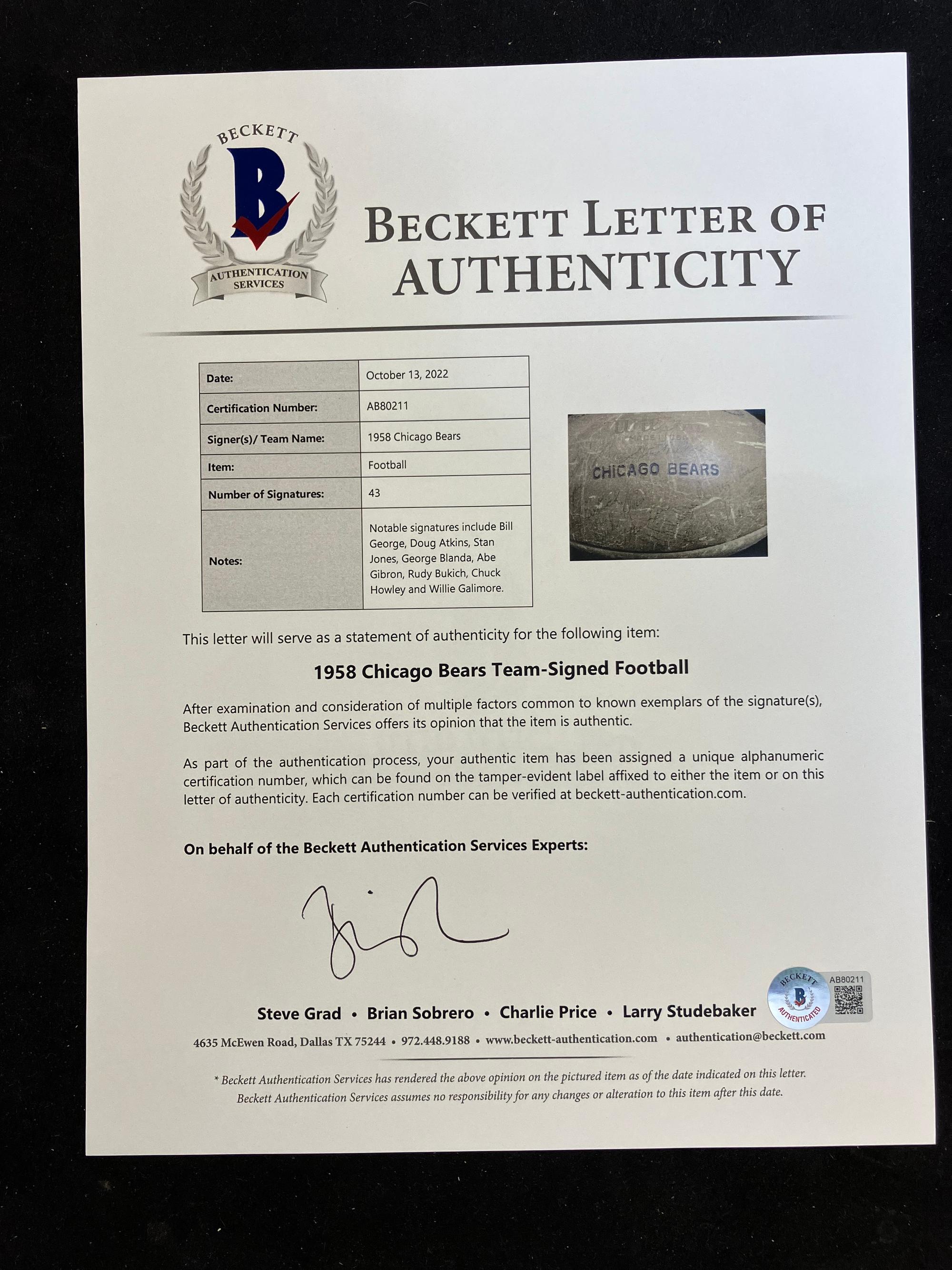 A 1958 Chicago Bears Team Signed Football Featuring Wille Gallimore, Chuck Howley, Bill George and Doug Atkins (Beckett Authentication Services Letter)